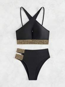 SHEIN Swim 拼布交叉比基尼套装 夏季 - 黑色 - 查看 5
