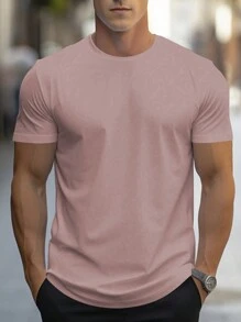 Manfinity Homme Camiseta casual de cuello redondo de unicolor para hombre, camiseta rosa para hombre, top rosa para hombre, camiseta lisa, camiseta color moca para hombre