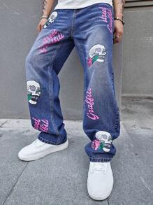 Manfinity Roghcode Men Skull And Floral Print Wide Leg Jeans - Medium Wash - View 6