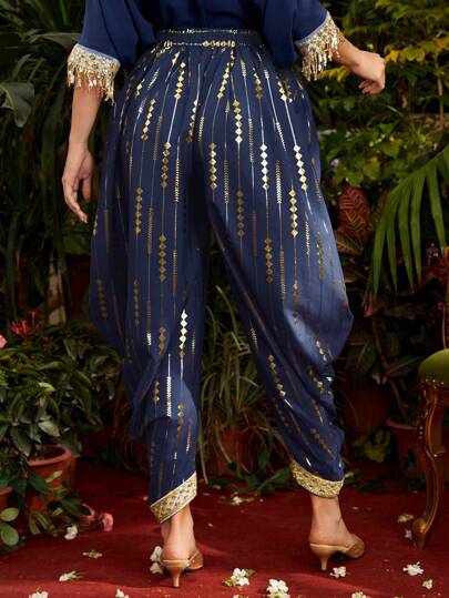 Divindia Women's Printed Metallic Gold Design Woven Ribbon Patchwork Jogger Pants