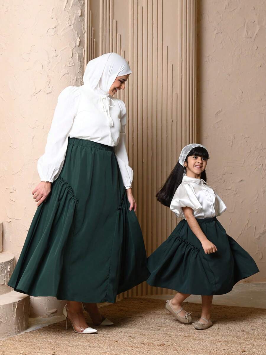 SHEIN Young Girl's Satin Collar Button-Front Puff Sleeve Shirt With Frill Trim Skirt Set, Mommy And Me Matching Outfits (3 Pieces Sold Separately)