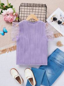 SHEIN 少女針織實色圓領拼接毛絨網狀休閒衫 - 淡紫色 - 查看 2