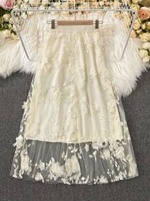 Franclia Falda de tul de malla de contraste con flor 3D para mujeres - Albaricoque - Ver 2