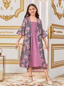 SHEIN Tween Girls' Losse Casual Jacquard Open Front Jas Met Spaghettibandjes Jurk Tweedelige Set