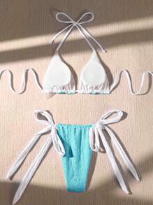 SHEIN Swim Solid Color Textured Halter Neck Bikini Set Summer - Blue - View 3