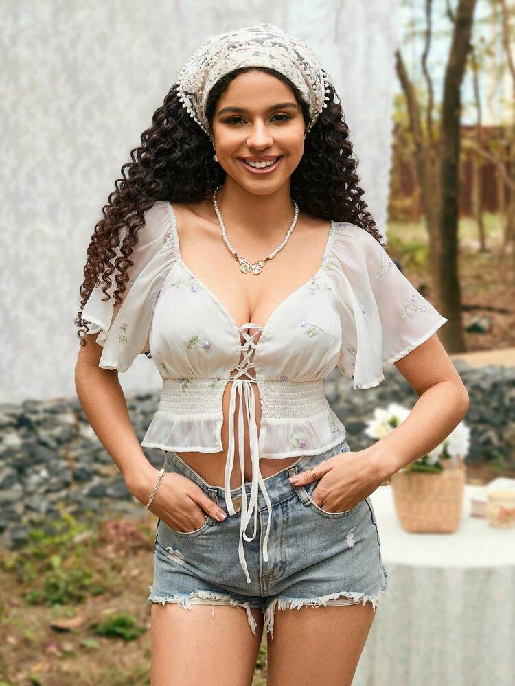 Flower Embroidery Cross Tie Up Cutout Crop Top