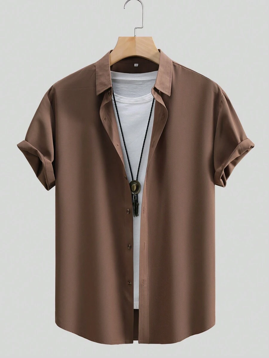 Men's Solid Color Business Casual Short Sleeve Shirt - Brown - View 1