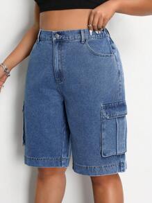SHEIN EZwear Kích thước lớn Của phụ nữ Lỏng lẻo Quần short Denim Chiều dài trung bình Với Túi - Rửa tối - Xem 3