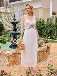 Aveloria Holiday Floral Cutout Textured Fabric Ruffle Trim Waist Belt Split Cami Dress