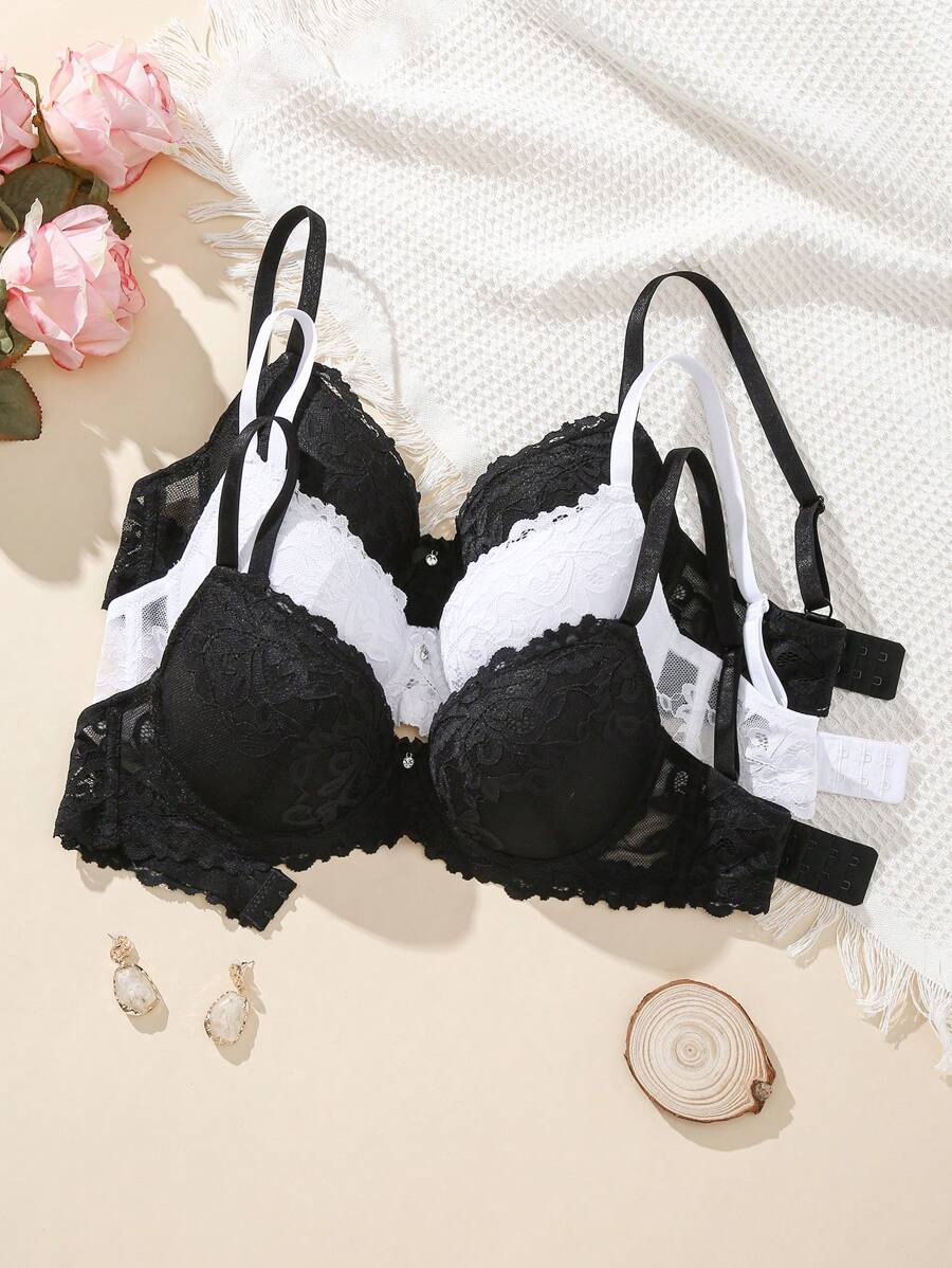 3pcs/Set Women's Lace Solid Color Bra With Underwire - Black and White - View 1