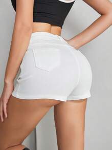 Street Style Solid Color High Waist Slant Pocket Elastic Fitted Mini Shorts, Casual Daily Wear Summer - White - View 2