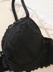 3pcs/Set Women's Lace Solid Color Bra With Underwire - Black and White - View 3