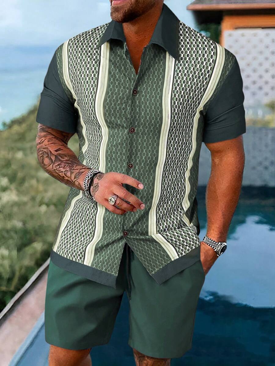 Manfinity Homme Nam Họa tiết Hình học In Ngắn tay Áo sơ mi Và Bộ quần short - Nhiều màu - Xem 1