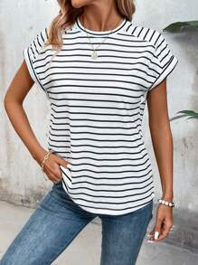 SHEIN LUNE Striped Round Neck Raglan Sleeve T-Shirt - Black and White - View 7