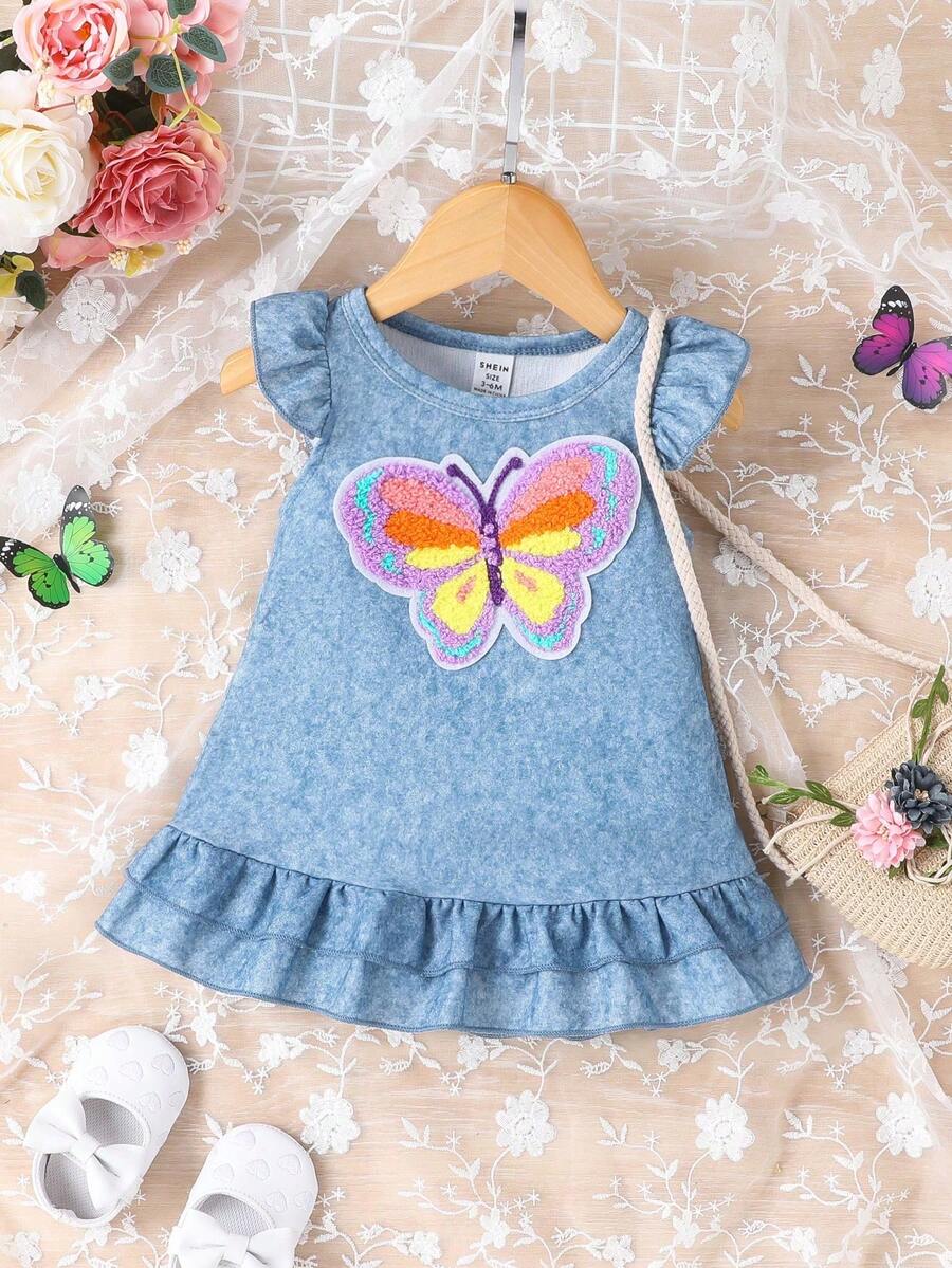 嬰兒女孩蝴蝶刺繡牛仔裝連衣裙，適用於夏季外出 - 藍色 - 查看 1