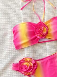 Swim Vcay Gradient 3d Flower Print Halter Neck Bikini Set Without Steel Ring, Two-Piece Swimming Suit,Summer Beach - Multicolor - View 3