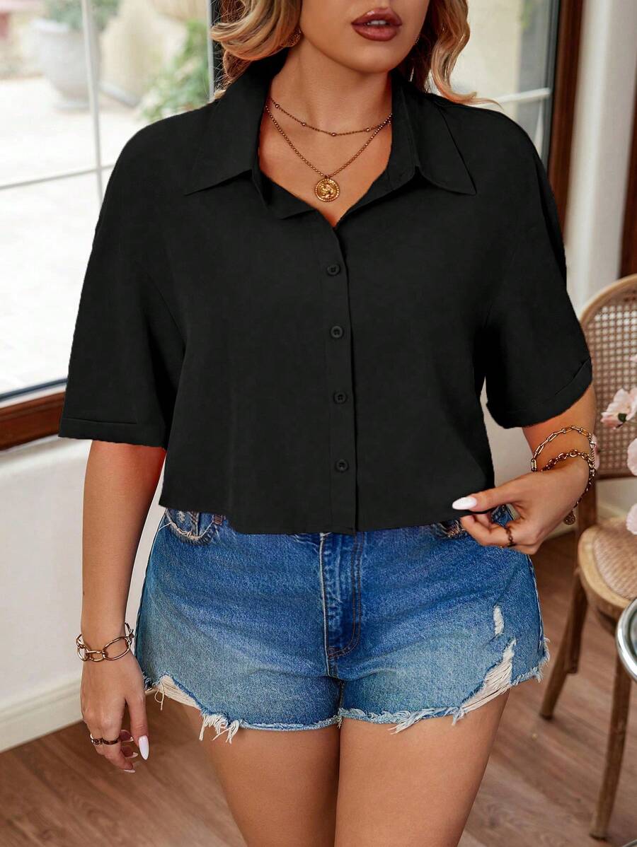 Calvaya 大码女式纯色翻领纽扣半袖衬衫 - 黑色 - 查看 1