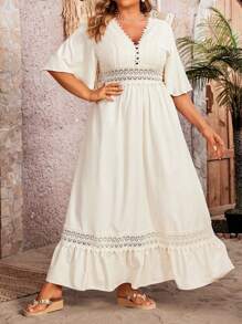 Breezaya Plus Size Lace Splicing V-Neck Dress With Lotus Leaf Hem Maxi Women Outfit