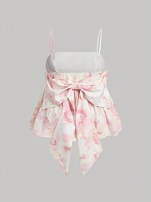 SHEIN MOD Plus Size Summer Pink Floral Print Bow Decor Cami Top - Multicolor - View 2