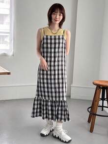 FRIFUL 女士格紋細肩帶連衣裙 - 黑與白 - 查看 4