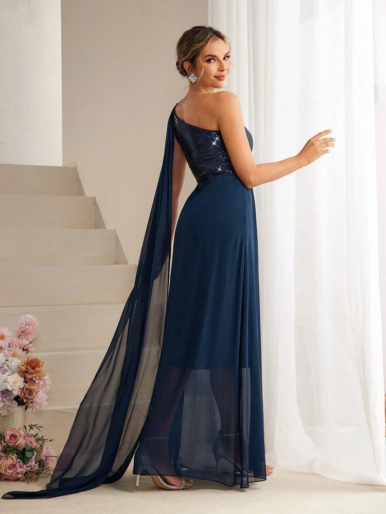 Sequin Patchwork One Shoulder Bridesmaid Dress