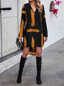 SHEIN LUNE Vestido con estampado de pincelada bajo irregular de manga enrollada