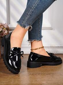 Teens' Casual Flat Loafers, Patent Leather, British Style Round Toe, Slip-On