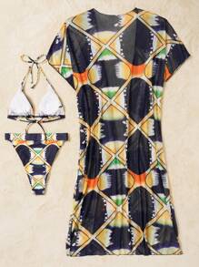 SHEIN Slayr 3pcs/Set Tie-Dye And Plaid Printed Separated Bikini Set With Top, Bottom And Skirt Summer Beach - Multicolor - View 5