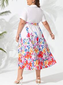 SHEIN Holidaya Váy chữ A in hoa tay ngắn cỡ lớn cho nữ - trắng - Xem 2