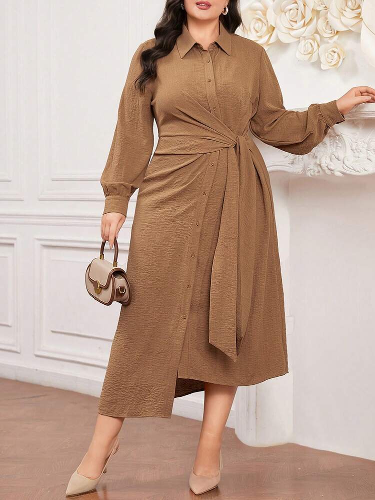 Plus Size Plain Long Sleeve Tie Waist Shirt Dress