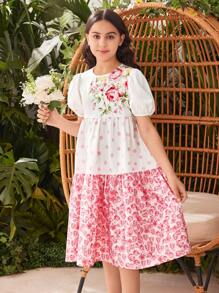 SHEIN 少女款編織花卉印花圓領寬鬆休閒度假裙,泡泡袖設計 - 彩色 - 查看 3