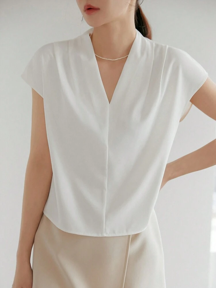 Business Casual Solid Color Short Sleeve V-Neck Pleated Women Blouse,Short Sleeve Tops Summer