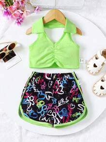 Summer Baby Girl Knitted Solid Color Pleated Sleeveless Top And Graffiti Printed Knitted Shorts Set