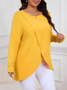 SHEIN Privé Plus Size Beaded Detail Wrap-Front Long Sleeve T-Shirt - Yellow - View 6