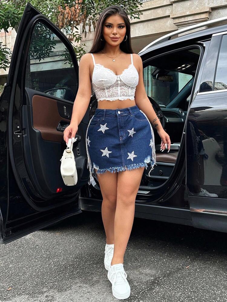 Denim Skirt With Fringe Hem, Star Pattern Rhinestone Decorated