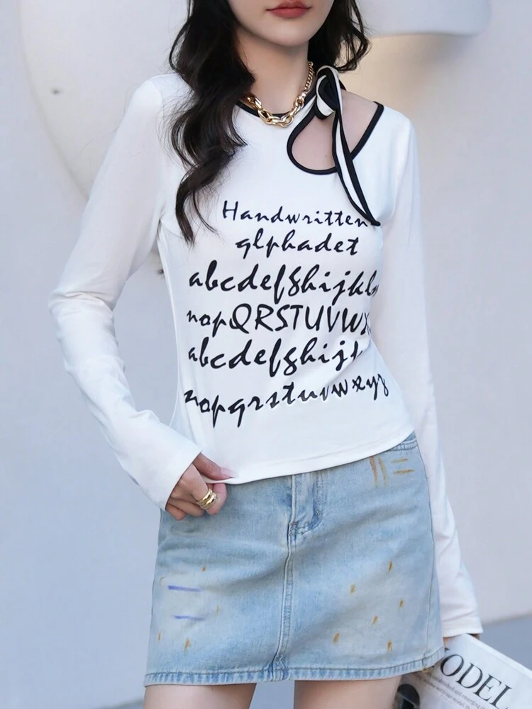 Women's Asymmetrical Neckline Hollow Out Tie Dye T-Shirt With Slogan Print Fall Cloth For Women