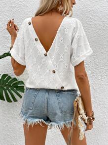 Chiquease Button Detail Round Neck Short Sleeve T-Shirt - White - View 1