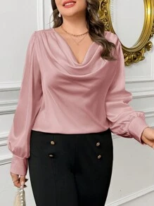 SHEIN Privé Pullover Langarm-shirt In Übergröße Mit Satin Drapierung Am Kragen