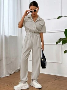 SHEIN Unity 純色束腰口袋工作褲式連身褲 - 杏色 - 查看 4