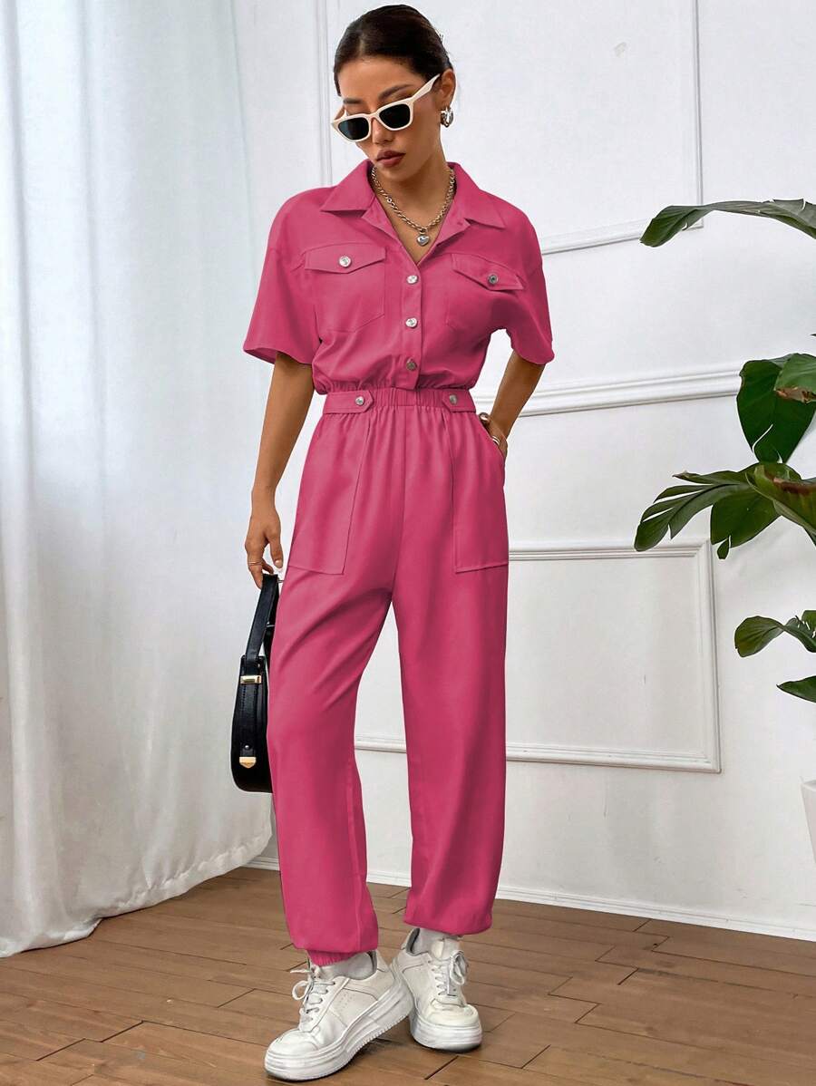 SHEIN Unity Solid Color Jumpsuit With Pockets And Front Button Placket, Workwear Style - Red - View 1