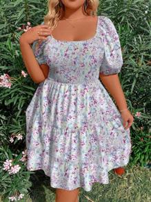 Flirla Đầm tay phồng cổ vuông in hình cỡ lớn - Nhiều màu - Xem 4