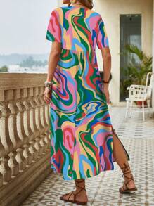 EMERY ROSE Women's Full Printed Long Dress With High Slit Maxi Women Outfit - Multicolor - View 2