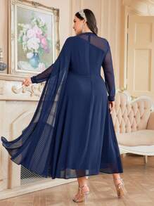 Modelyn Plus Size Women's Long Sleeve Pleated Mesh Contrast Ribbon Dress - Navy Blue - View 2