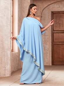 SHEIN Belle 女士不對稱領口閃亮亮片蝙蝠袖伴娘禮服正式舞會禮服 - 藍色 - 查看 1