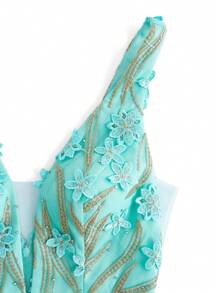SHEIN Belle Váy dạ hội đuôi cá không tay họa tiết cỏ ba lá ngày thánh Patrick dành cho nữ, đính sequin lấp lánh và lưới tương phản - màu xanh lá - Xem 3