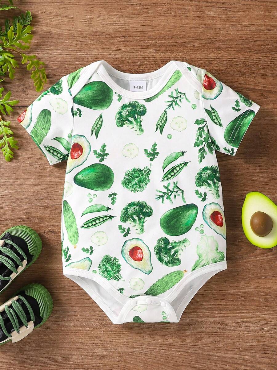 Body à manches courtes mignon imprimé de fruits et légumes verts pour garçon bébé, pour usage quotidien, été - Vert - Voir 1