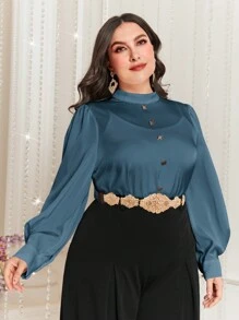 Modelyn Camisa De Talla Grande De Color Sólido Con Cuello Alto Y Mangas De Linterna - Azul - Ver 5