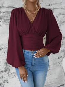 SHEIN Clasi Camisa de manga larga con cintura acaparada y recogida en un solo color