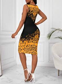 SHEIN Lady Women's Printed Sleeveless Dress With Rolled Hem And Openwork Neckline - Yellow - View 2