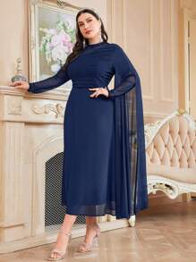 Modelyn Plus Size Women's Long Sleeve Pleated Mesh Contrast Ribbon Dress - Navy Blue - View 3